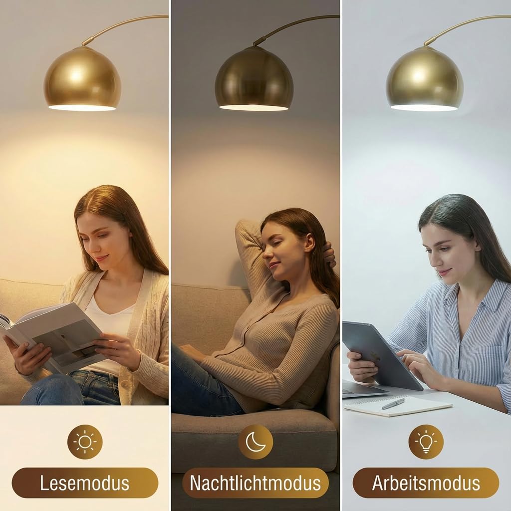Stehlampe Wohnzimmer Dimmbar Gold, Modern Glockenschirm Design LED Stehleuchte mit Fernbedienung, Timer, 3 Lichtmodi und Speicherfunktion, 175cm Höhenverstellbar Bogenlampe Fußschalter Schlafzimmer