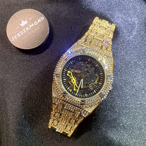 Icediamond 43Mm Iced Out Openwork Mechanical Automatic Wrist Watch, Full Shiny Cz Diamond Hand-Winding Skeleton Dial Luxury Watch For Men (Gold) #TOP6