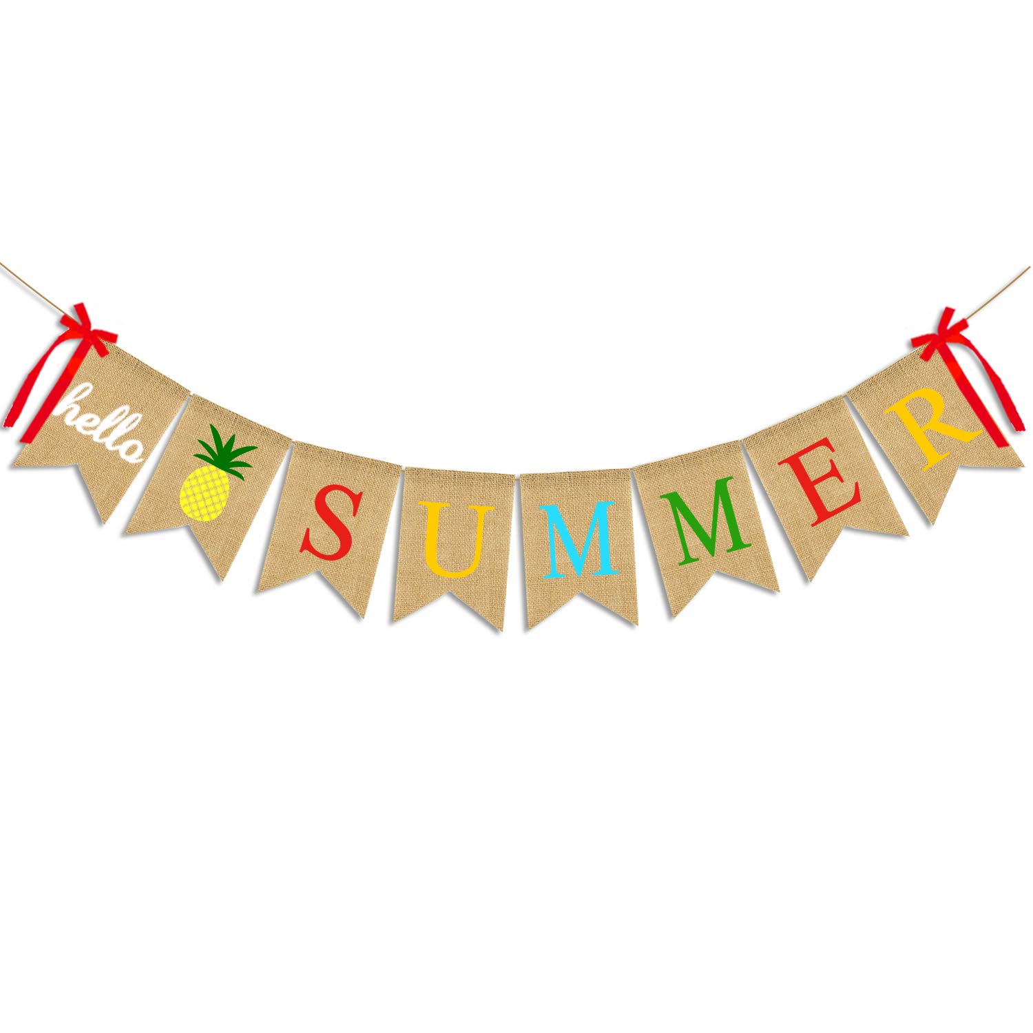 JOZON Hello Summer Burlap Banner Jute Summer Bunting Banner Garland Pineapple Summer Decorations for Holiday Party Mantel Fireplace Wall Hawaiian