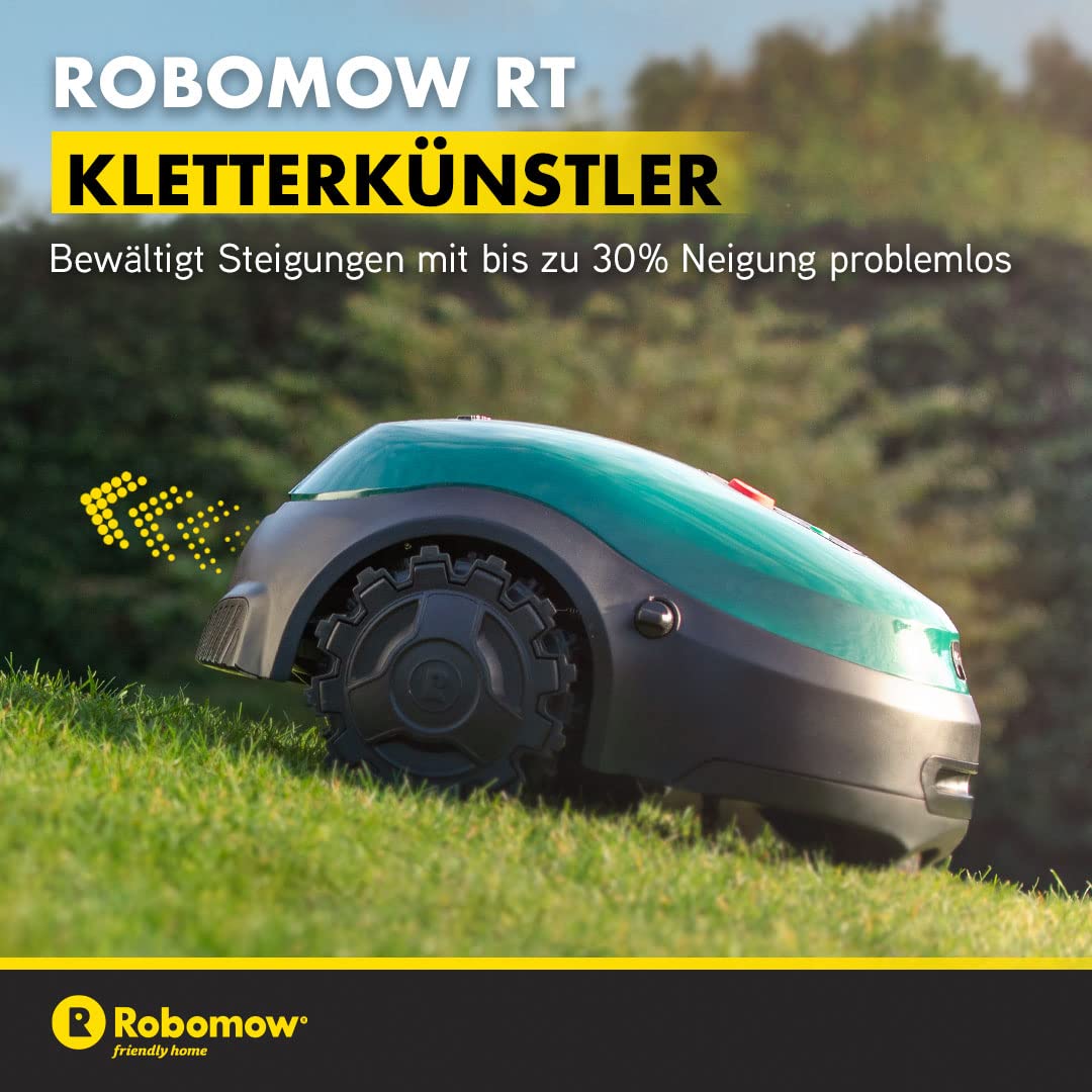ROBOMOW RT700 Robotermäher/Rasenroboter für Flächen bis 700 qm | 4,3 Ah; 18cm Schnittbreite; einfache Installation, selbstreinigend und inkl. schwimmendem Mähdeck, Mulchreiniger, Grün