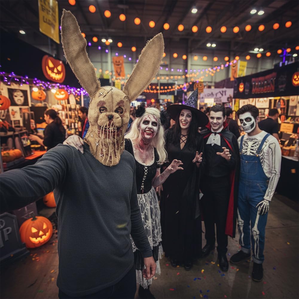 Scary Bunny Scarecrow Mask Burlap Sack Realistic Latex Rabbit Horror Devil Killer Mask Robber for Adult Halloween Cosplay Party