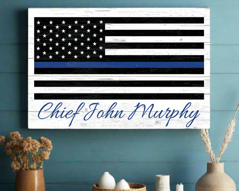 Thin Blue Line Flag Sign – Personalized Police Gift for Officer, Family, or Retirement – Custom Solid Wood Law Enforcement Wall Decor – 16.5" x 10.5"