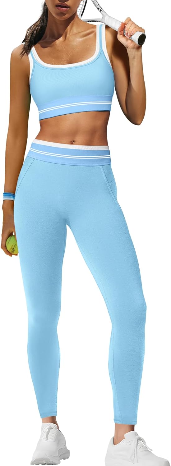 Panadila Womens Yoga Set 2 Piece Outfits Striped Workout Set Gym Matching Sports Bra and High Waist Leggings Activewear