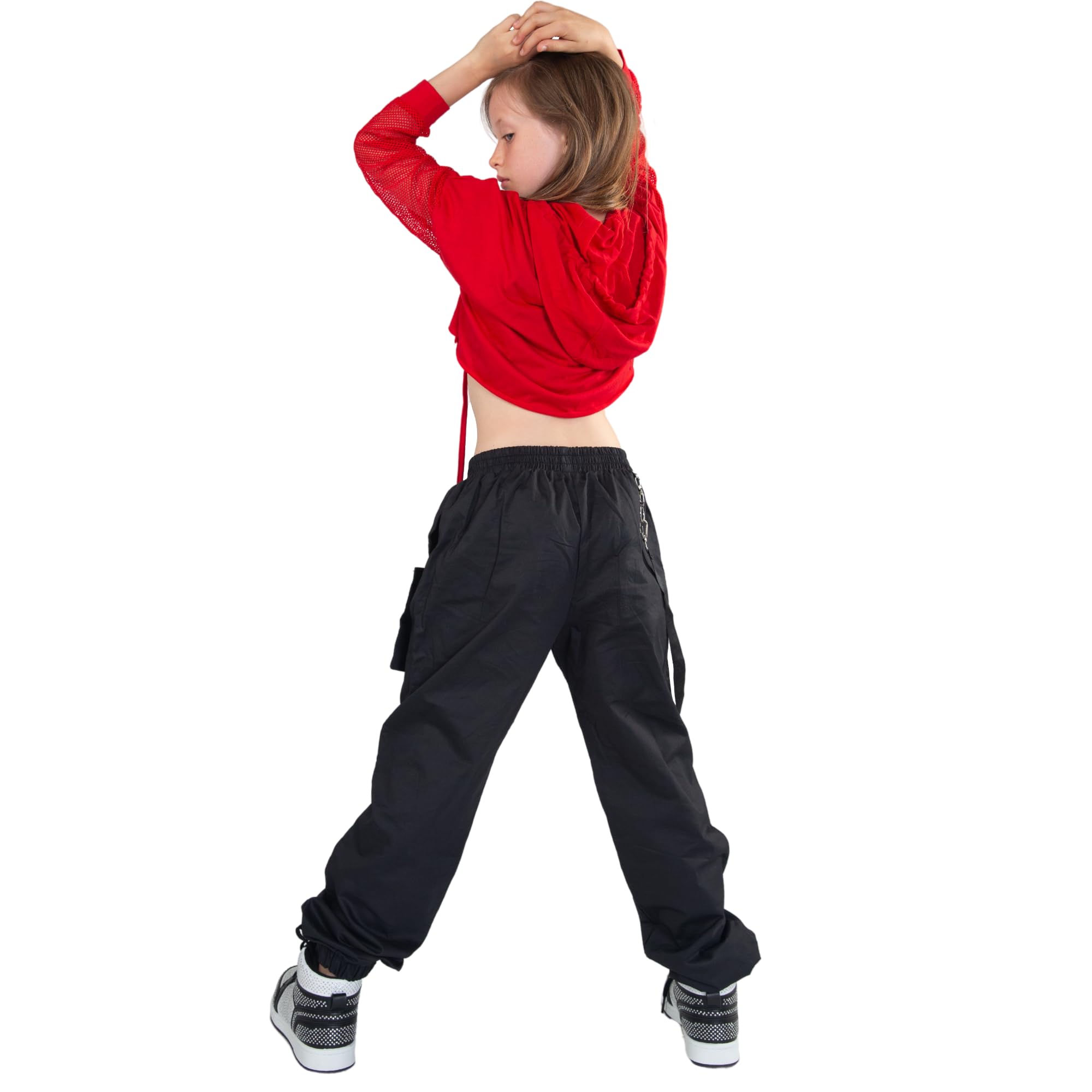 Barielle 10011 - Tuta hip hop a tre pezzi per bambini, con cappuccio e maniche a rete, crop top, pantaloni cargo con design a catena, senza pancia, tuta da danza, 134-176