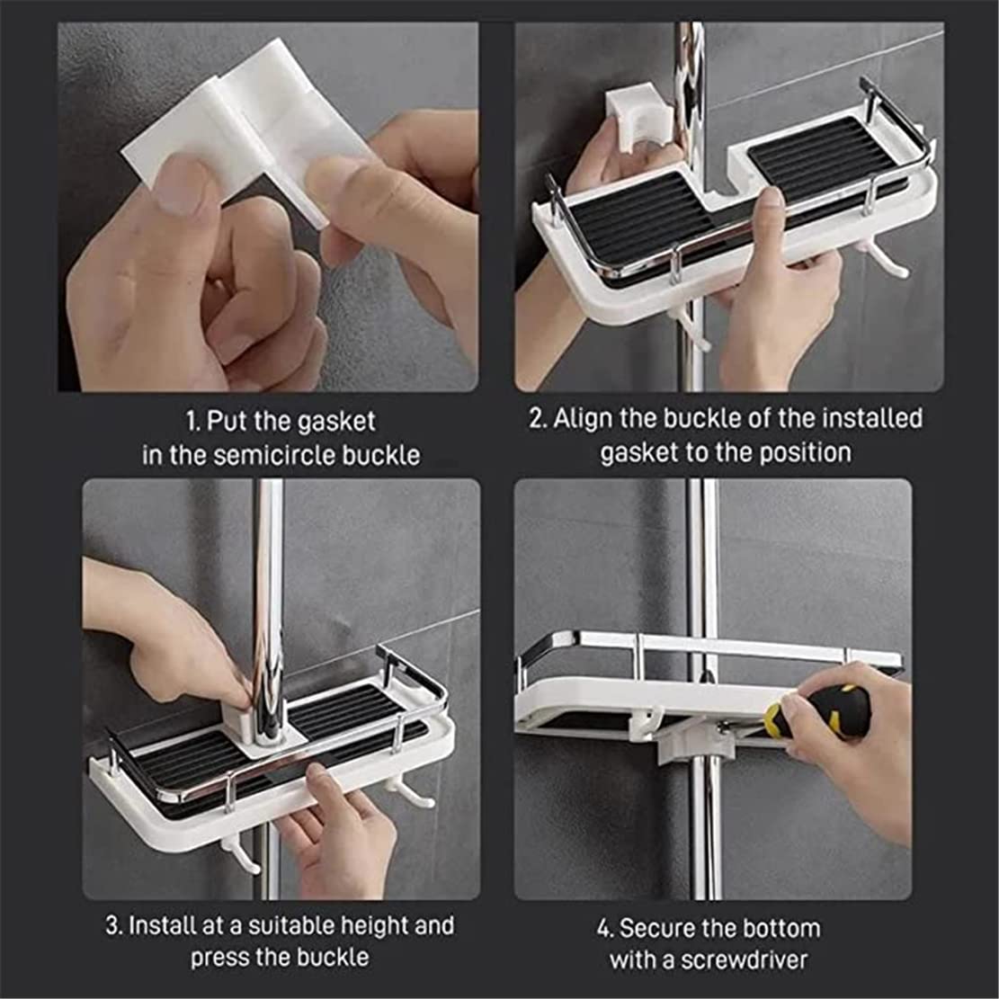 Étagère Douche pour Colonne/Barre de Douche,Etagère Serviteur de Douche avec Support Pomme Douche,Panier Rangement Salle de Bain Tablette de Douche sans Perçage,Plastique Shower Shelf (Blanc & Noir