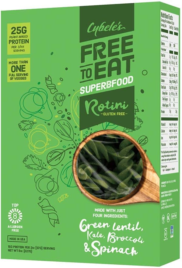 Cybele's Free to Eat Gluten Free & Grain Free Pasta| Superfood Green, Rotini | High in Plant Based Protein | Dairy Free, Nut Free, Soy Free, Allergen Free, Non GMO, Vegan | 8oz Box (Pack of 6)
