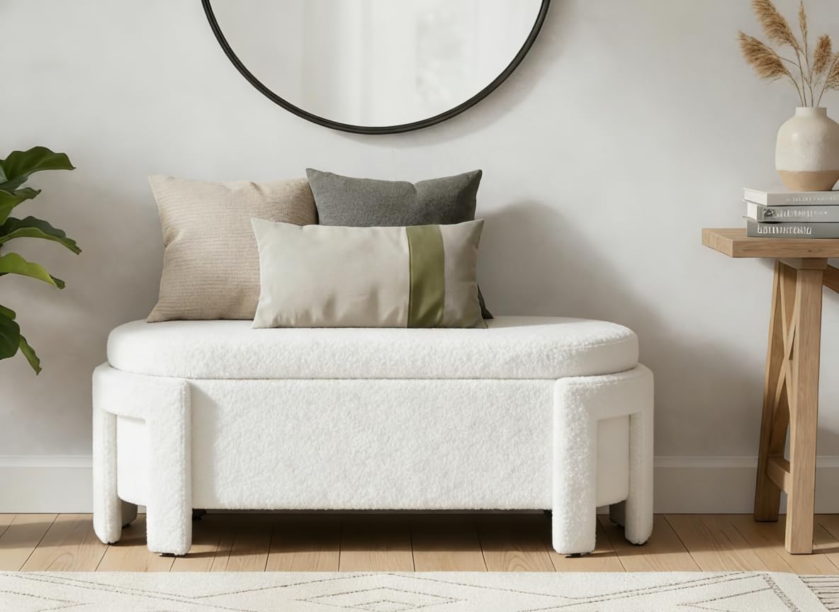 Modern Sherpa Storage Ottoman Bench for Bedroom 47.25 in Comfy Boucle Upholstered Entryway Bench with Storage for End of Bed/Living Room/Lounge/Window Corner, White