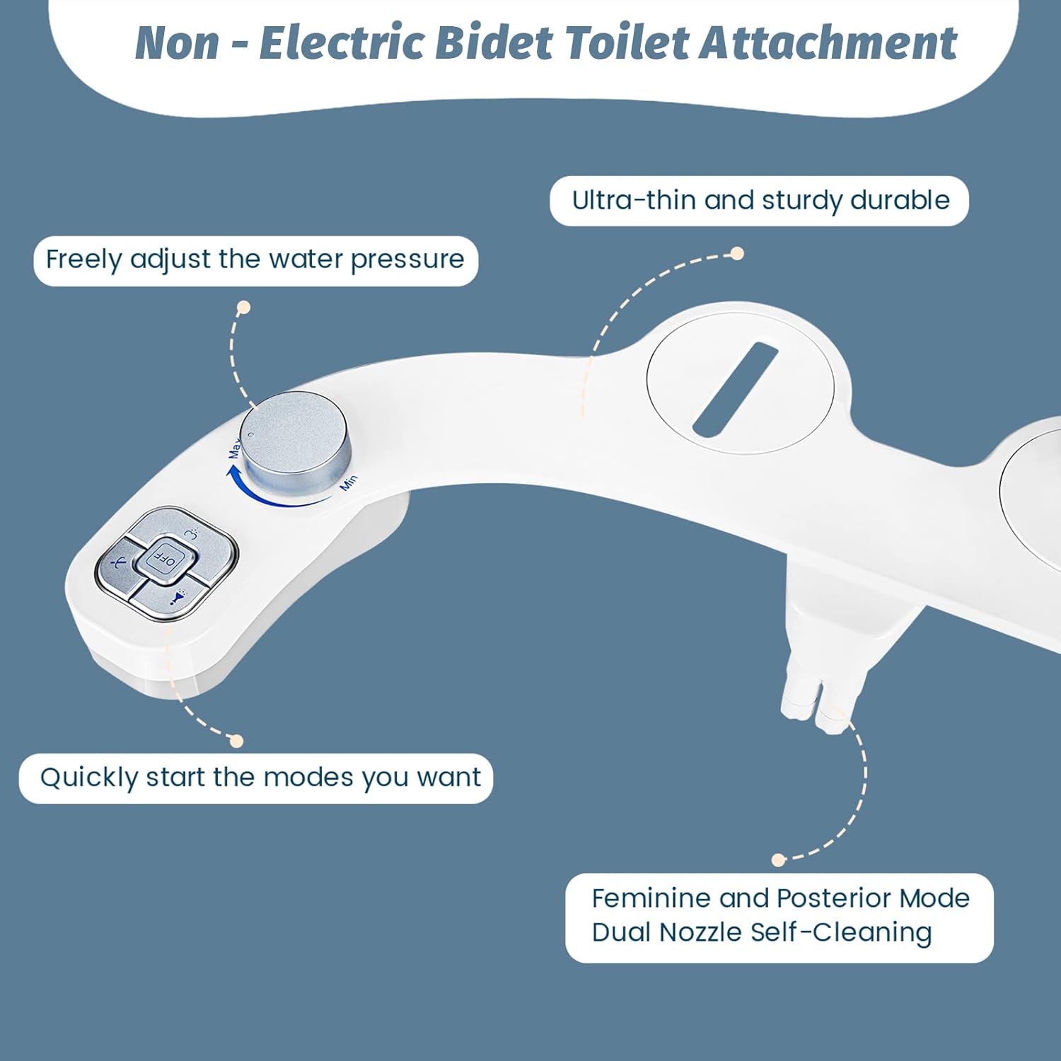 SAMODRA Non-Electric Bidet - Self Cleaning Dual Nozzle (Frontal and Rear Wash) Fresh Water Bidet Toilet Seat Attachment with Independent Adjustable Water Pressure (Classic Silver) - - 