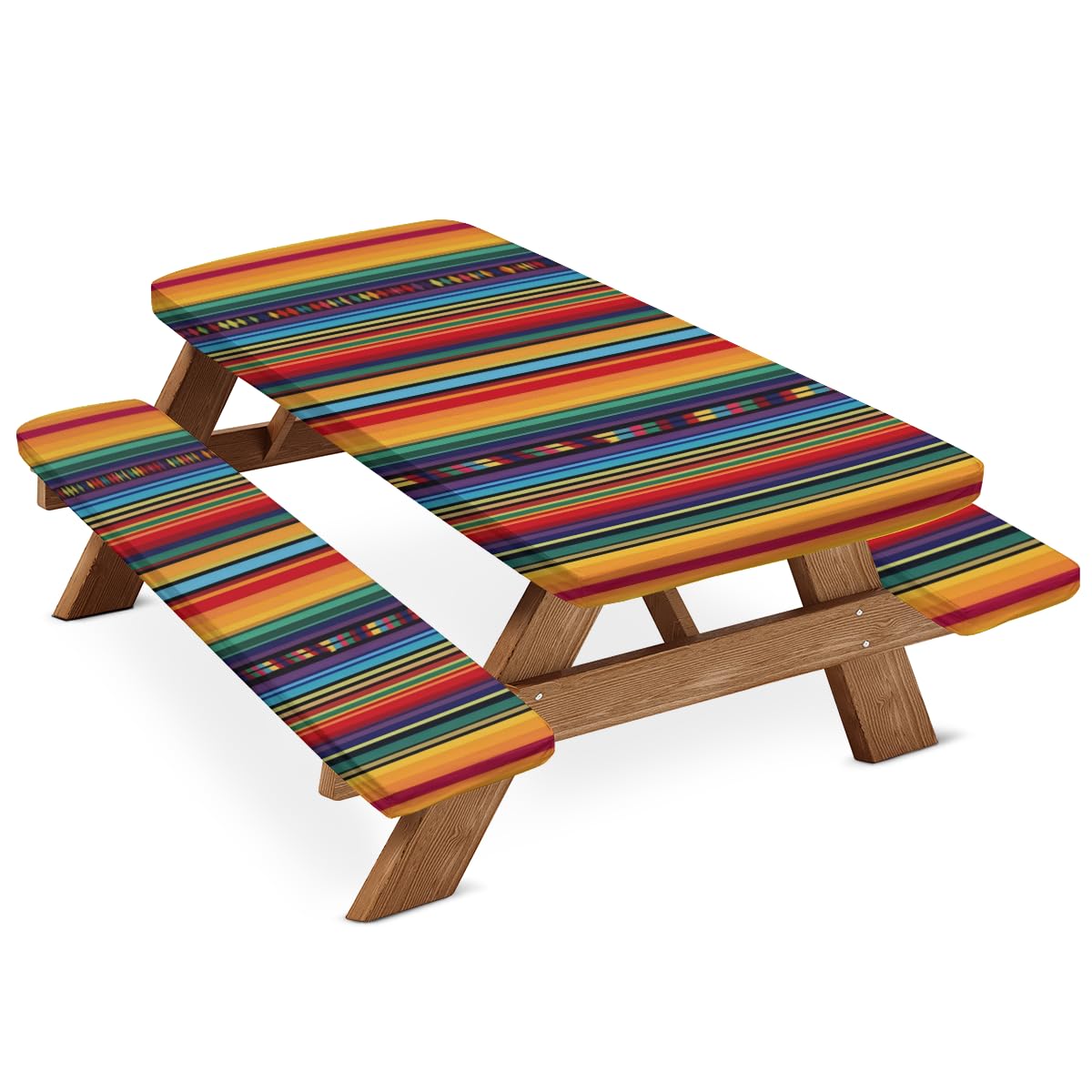 Opalaughs Picnic Table Cover with Bench Covers Mexican Colorful Stripes Waterproof Elastic Fitted Camping Tablecloth, Rectangle Washable Polyester