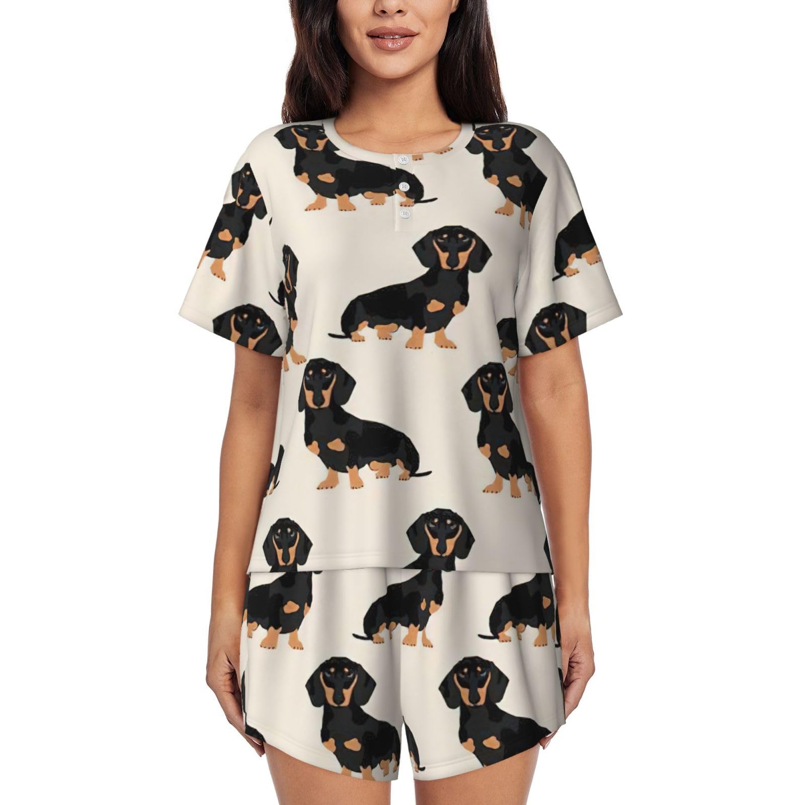 Limpac Women's Black Dachshund Dog Lounge Pajamas, Comfy Short Sleeve Sleepwear Sets With Button Down Top And Pocket, Xl