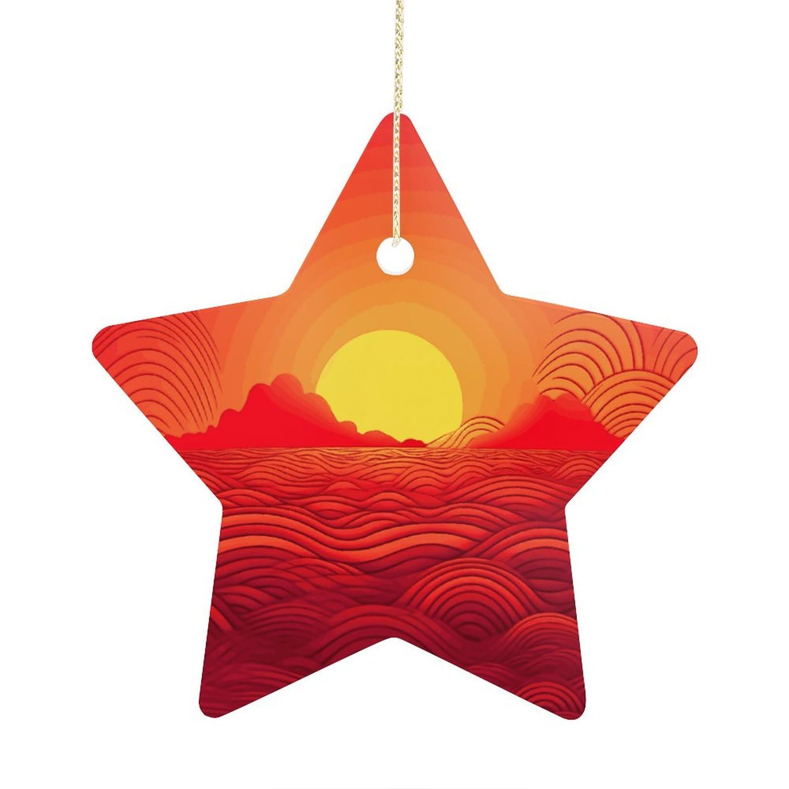 Red Sunrise Stars Ornaments Ceramic Christmas Tree Hanging Light in Weight Christmas Star Pendants Funny Double-Sided Printed Xmas Ornaments for Gifts
