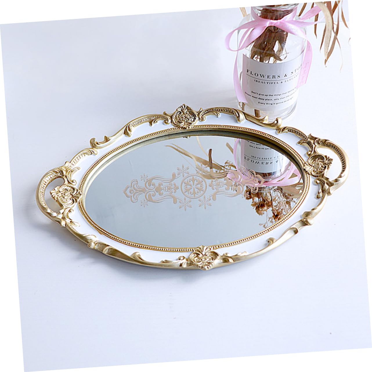 MAGICLULU Vassoio Ovale Portaoggetti in Resina Vassoio Porta Accessori Superficie Specchio Porta Gioielli Elegante per Casa Stampa Floreale Bianca