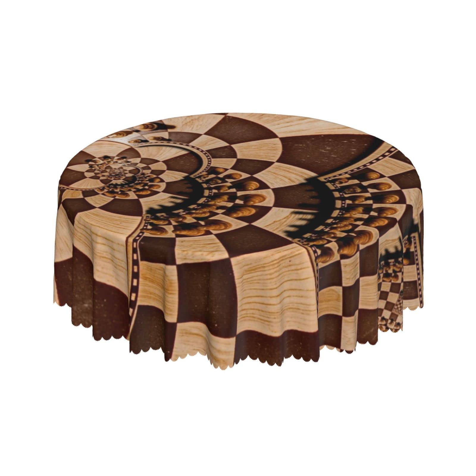 Lsjuee Chess Abstract Spiral Brown Round Tablecloth 60 Inch Printed Washable Tablecloth for Dining Party Holiday Fall Home Decorative