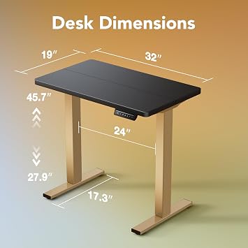 HUANUO 32 Small Electric Standing Desk Adjustable Height, 4 Memory Height Settings, Sit Stand Up Desk for Home Office & Computer Workstation, Black and Gold Frame