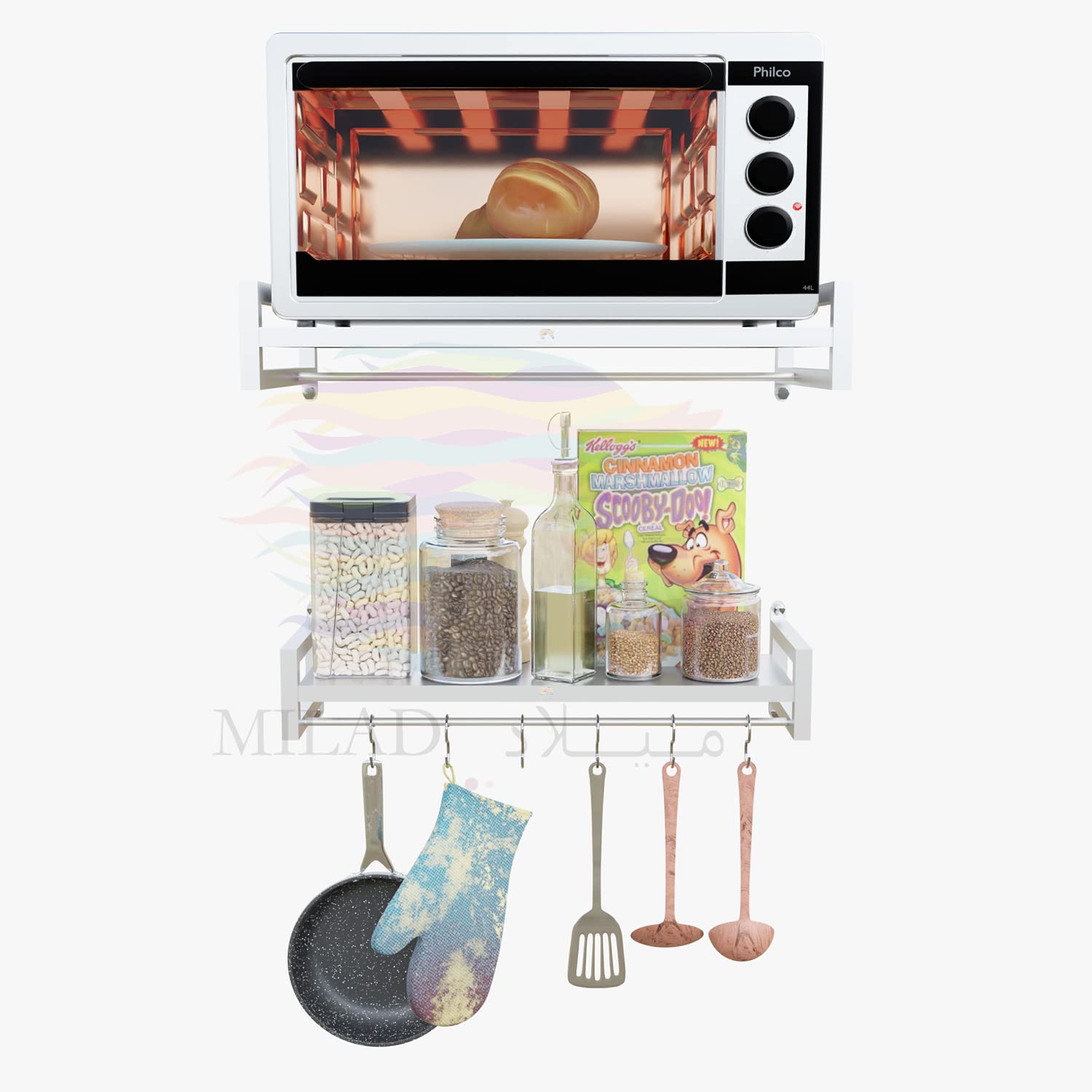 MILAD SAIFIX Metal Oven Stand Wall Mounted Microwave | Pot Rack | Oven | OTG | Grinder | Air Fryer Stand With 4 Hook Utensil | Organizer | Storage | Container (White) 3