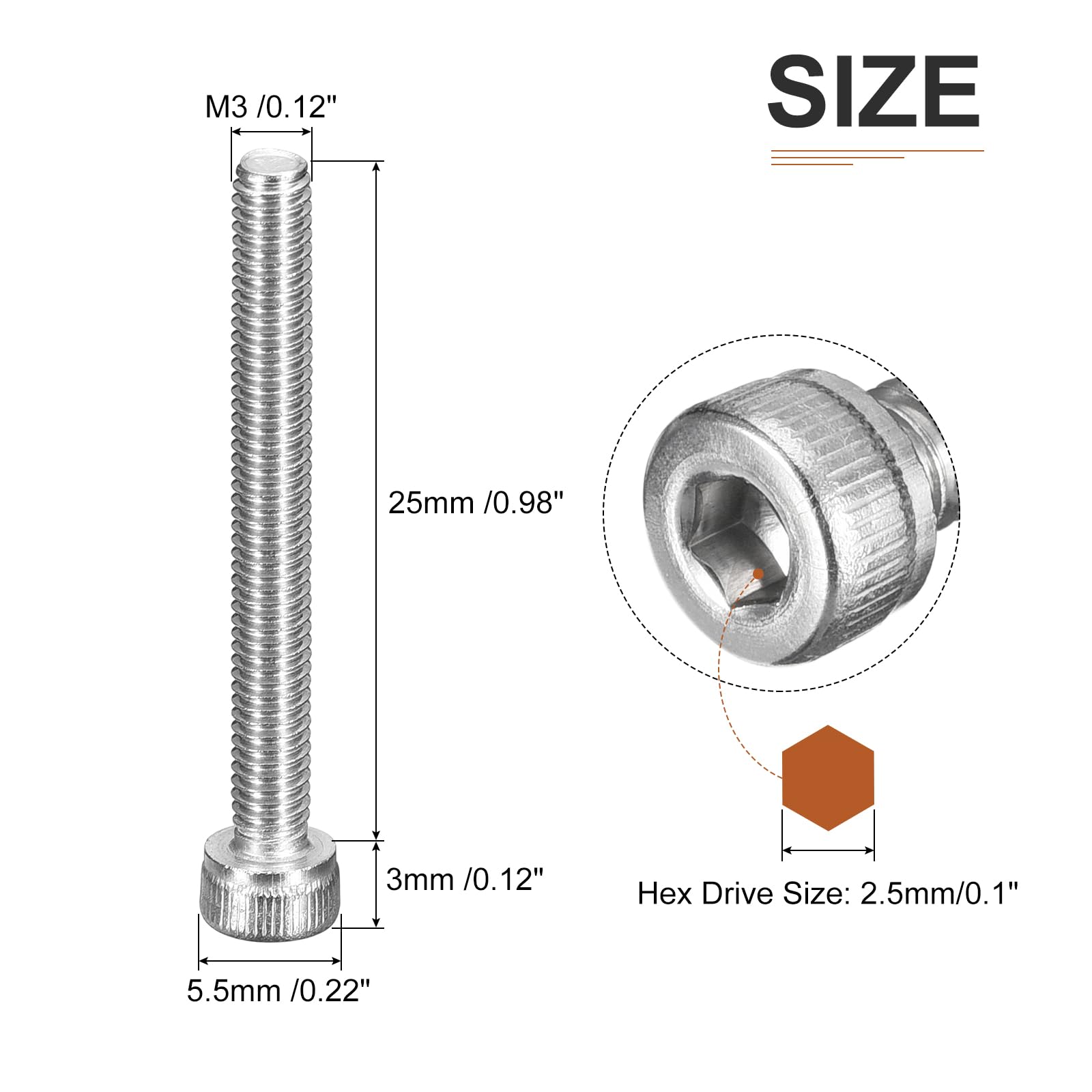 DTGN M3x25mm Socket Head Cap Screws Bolts, 100Pcs 304 Stainless Steel 18-8, Metric Machine Hex Socket Screw, Hex Drive - Image 2