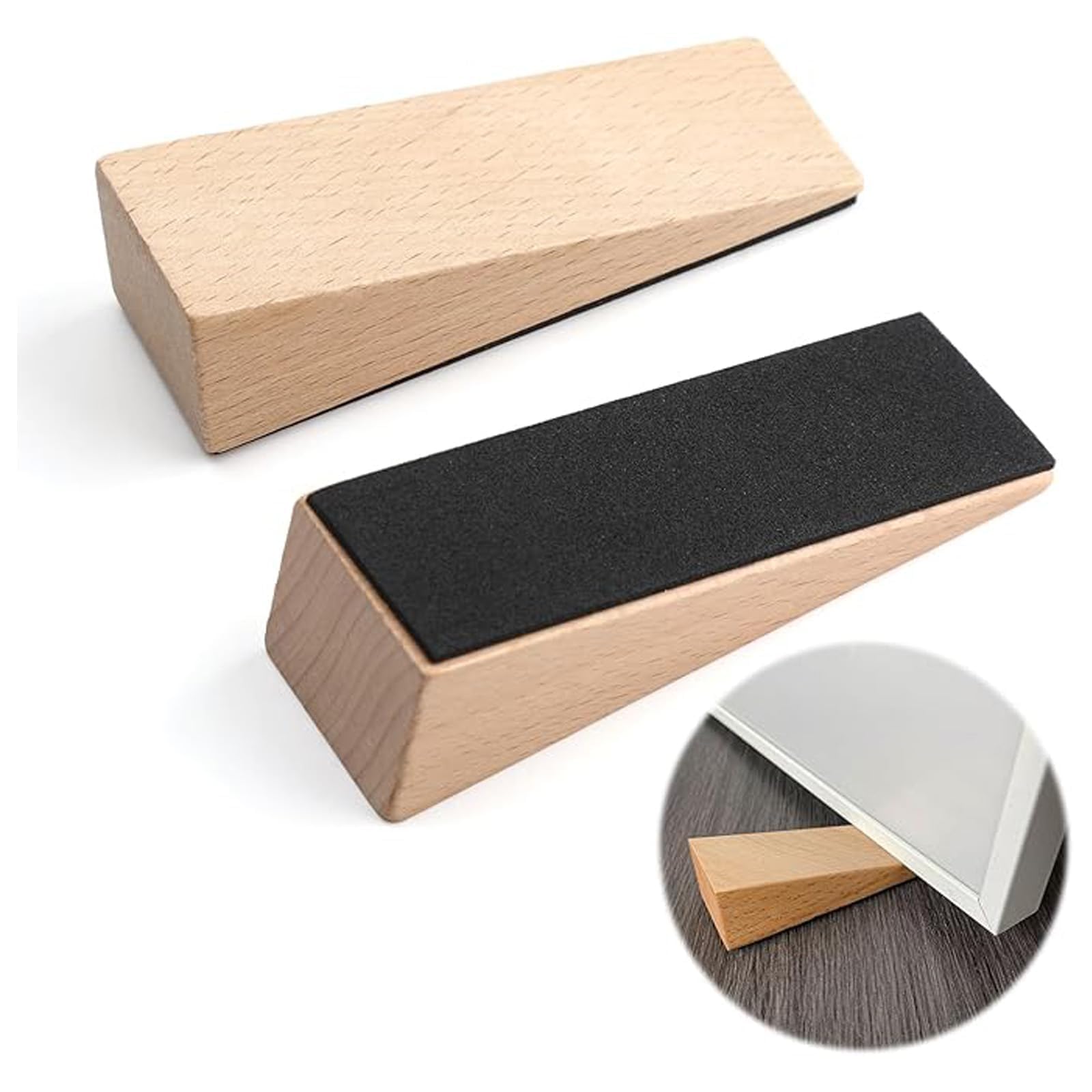 HARY 2 Pack Wooden Door Wedge, Natural Beech Wooden Door Stop, Door Wedge with Mat