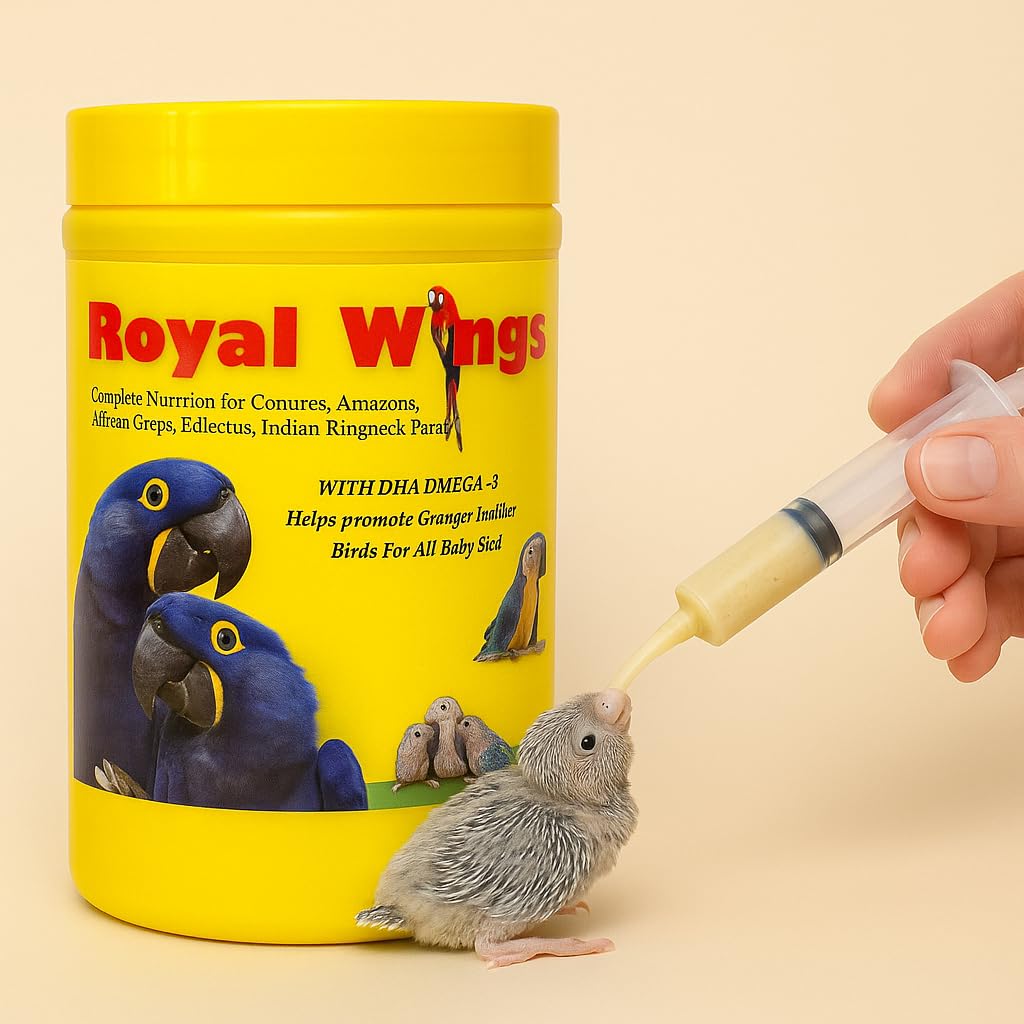 Royal Wings Baby Birds Hand Feeding Formula (500G) with Hand Feeding Syringe DHA Omega-3 | Complete Nutrition for Conures, Amazons, African Greys, Indian Ringneck Parakeets, Love Birds & Cockatiels-image-5