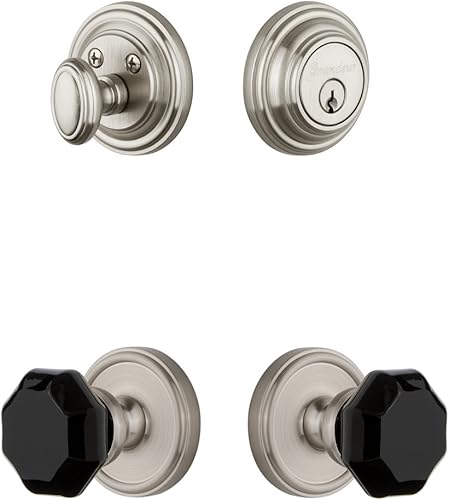 Grandeur Hardware 851255 Georgetown Roseta con pomo Lyon y cerrojo a juego, tamaño del respaldo: 2.375 pulgadas, níquel satinado