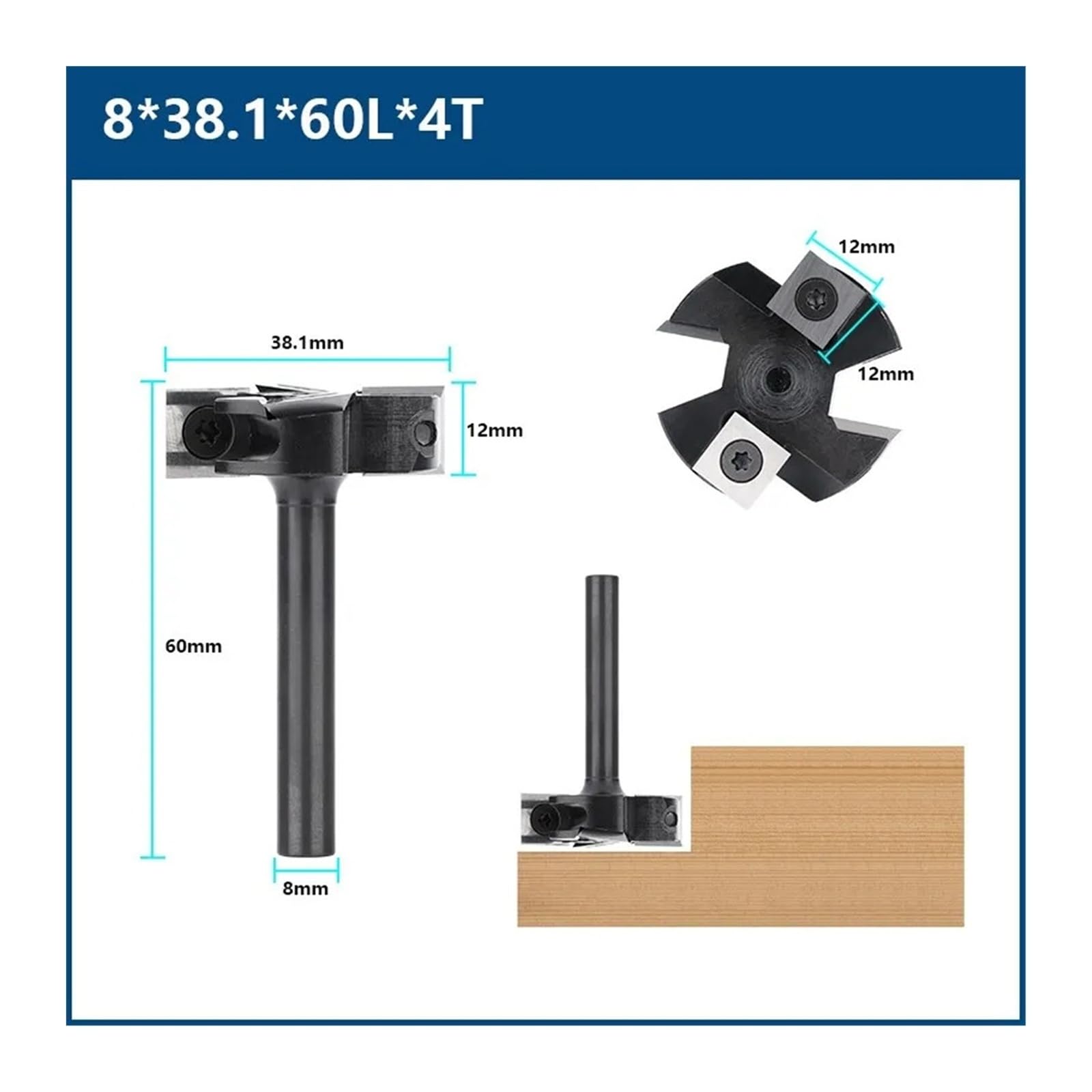 1PC Frez CNC do powierzchni spoilboardu, frez do spłaszczania płyt, trzpień 8/12 mm, płytka węglikowa, frez do spłaszczania płyt, frez do strugania drewna(8x38.1x60Lx4T)