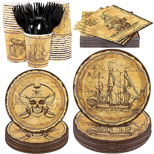 durony 144 Pieces Pirate Tableware Set Party Plates Cups Napkins Pirate...