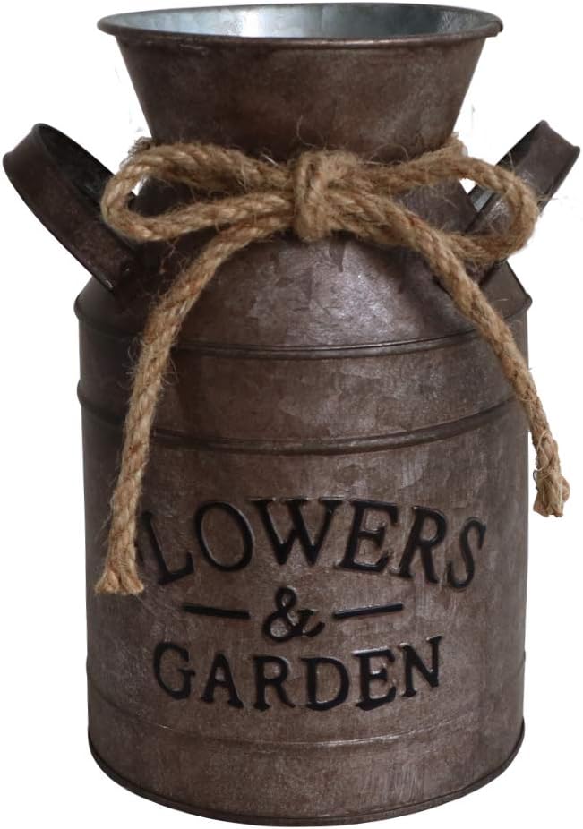 HyFanStr Shabby Chic Metal Flower Vase Rust Painted Decor Milk Can Bucket Country Primitive Jug Farmhouse Decoration Small