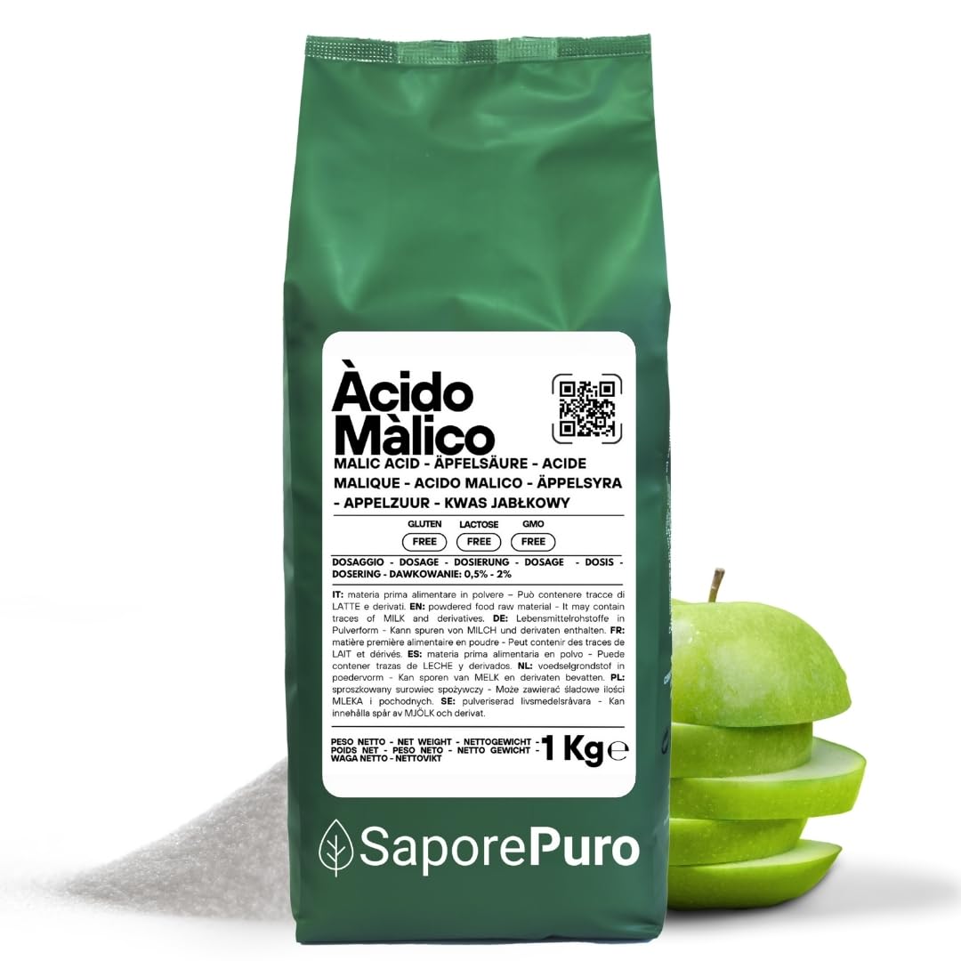 SaporePuro Ácido Málico en Polvo 1 kg | Alta Solubilidad y Sabor Ácido | Ideal para Bebidas, Postres y Suplementos | Calidad Alimentaria | Sin Gluten