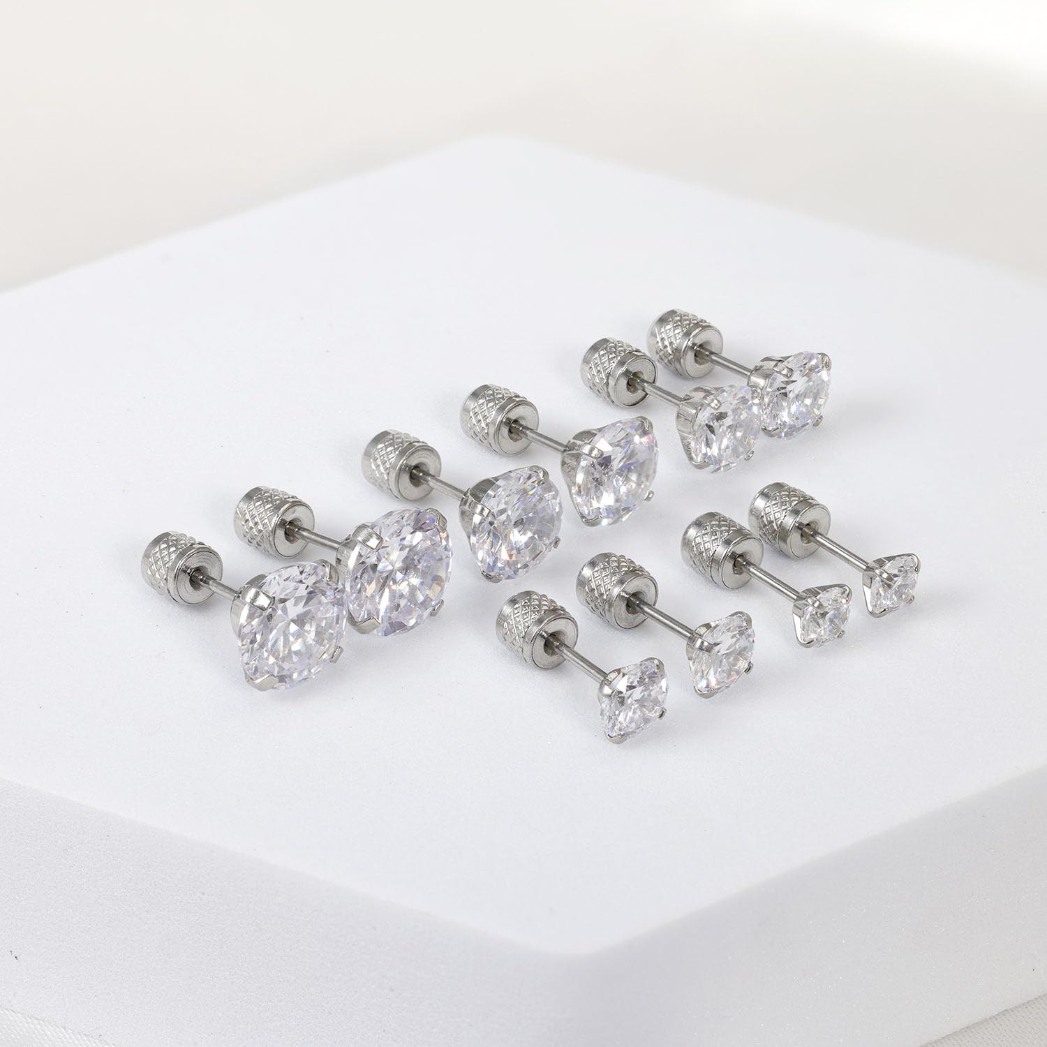 5-6 pairs Push-in Flat Back Stud Earrings Hypoallergenic Surgical Stainless Steel Cubic Zirconia Earrings Studs Set Multi-Pack, CZ Stud Earrings for Women Men Trendy Cartilage Stud Earrings 2-8mm