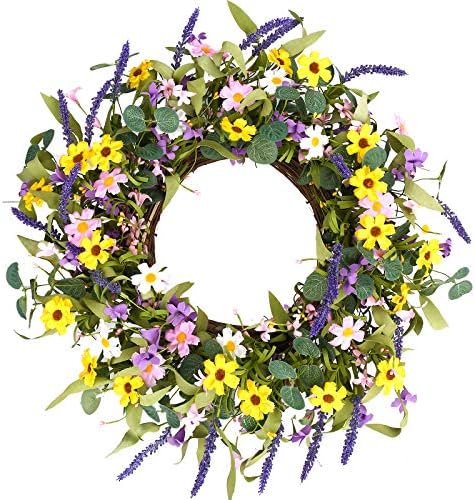 Artificial Spring Wreath,24” Flower Wreath Colorful Daisy Wreath Summer Floral Wreath for Front Door Wall Window Decor and Festival Celebration