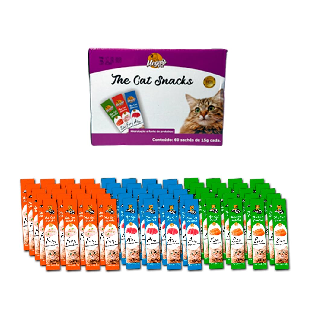 MeguisBox-60 Mix Petisco Snack Cremoso p/Gatos 20 Frango - 20 Atum - 20 Salmao Total 900g