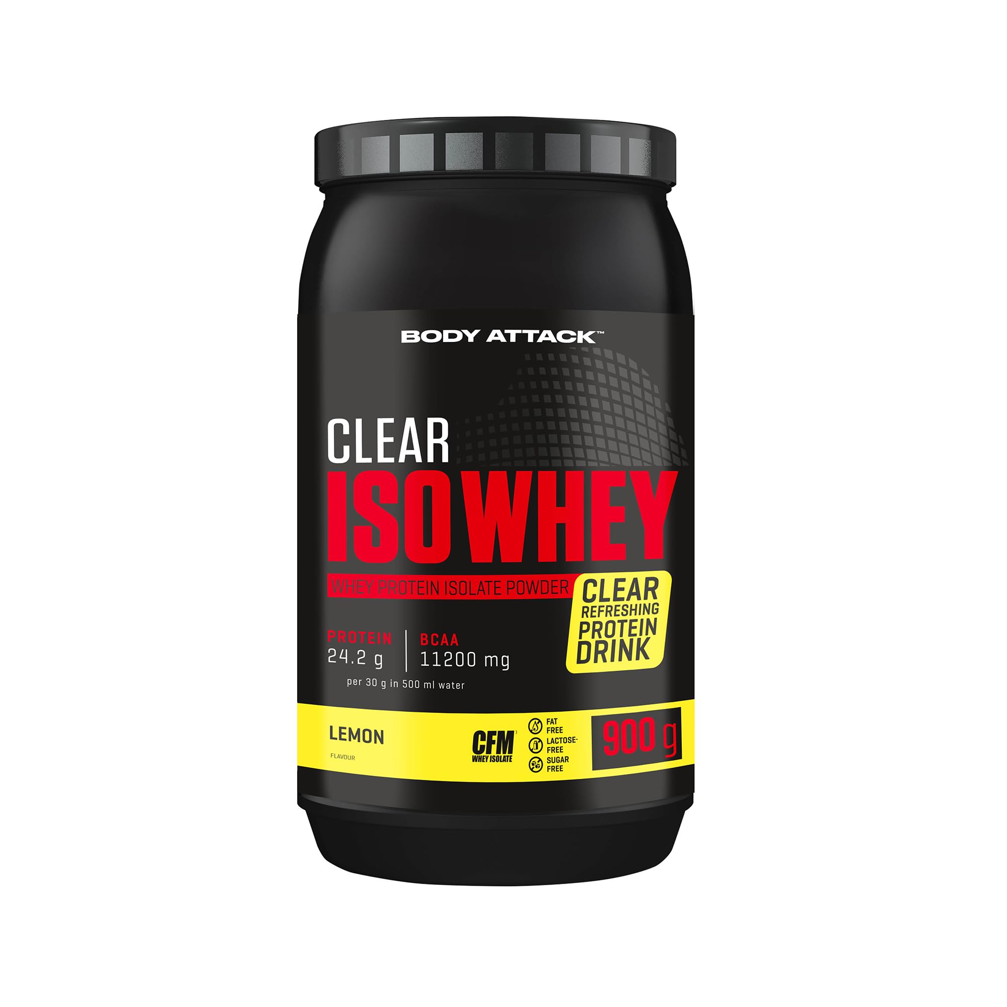Body Attack Clear Iso Whey Lemon Flavour 900 g / 30 Servings, Refreshing, Clear Whey Protein Isolate, 24 g Protein & 11,400 mg EAAs* per Shake, Sugar & Fat-Free, Made in Germany