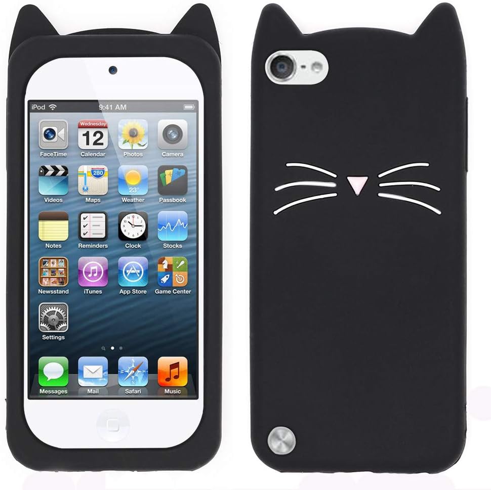 for iPod Touch 6 Case, iPod Touch 5 Case, 3D Cute Cartoon Mustache Cat Case, Animal Series Soft Silicone Bumper Shockproof Back Cover Shell for iPod Touch 6th / 5th Generation (Mustache Cat Black)