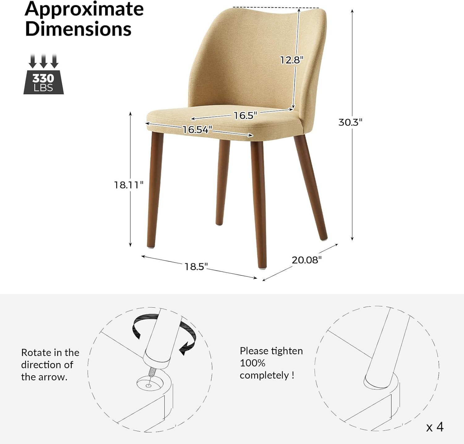 Upholstered Dining Chairs Set of 2, Kitchen Chairs with Curved Padded Back, Solid Wood Tapered Legs, Modern Chairs for Dining Room, Restaurant, Tan