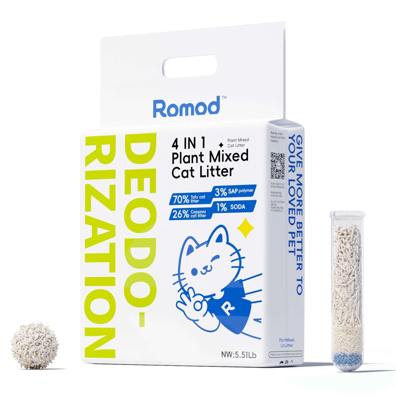 Romod 4-in-1 Tofu Cat Litter, Mixed Cassava, Baking Soda, SAP, Natural Plant, Fast Clumping, Strong Water Adsorption & Deodorization, No Tracking,
