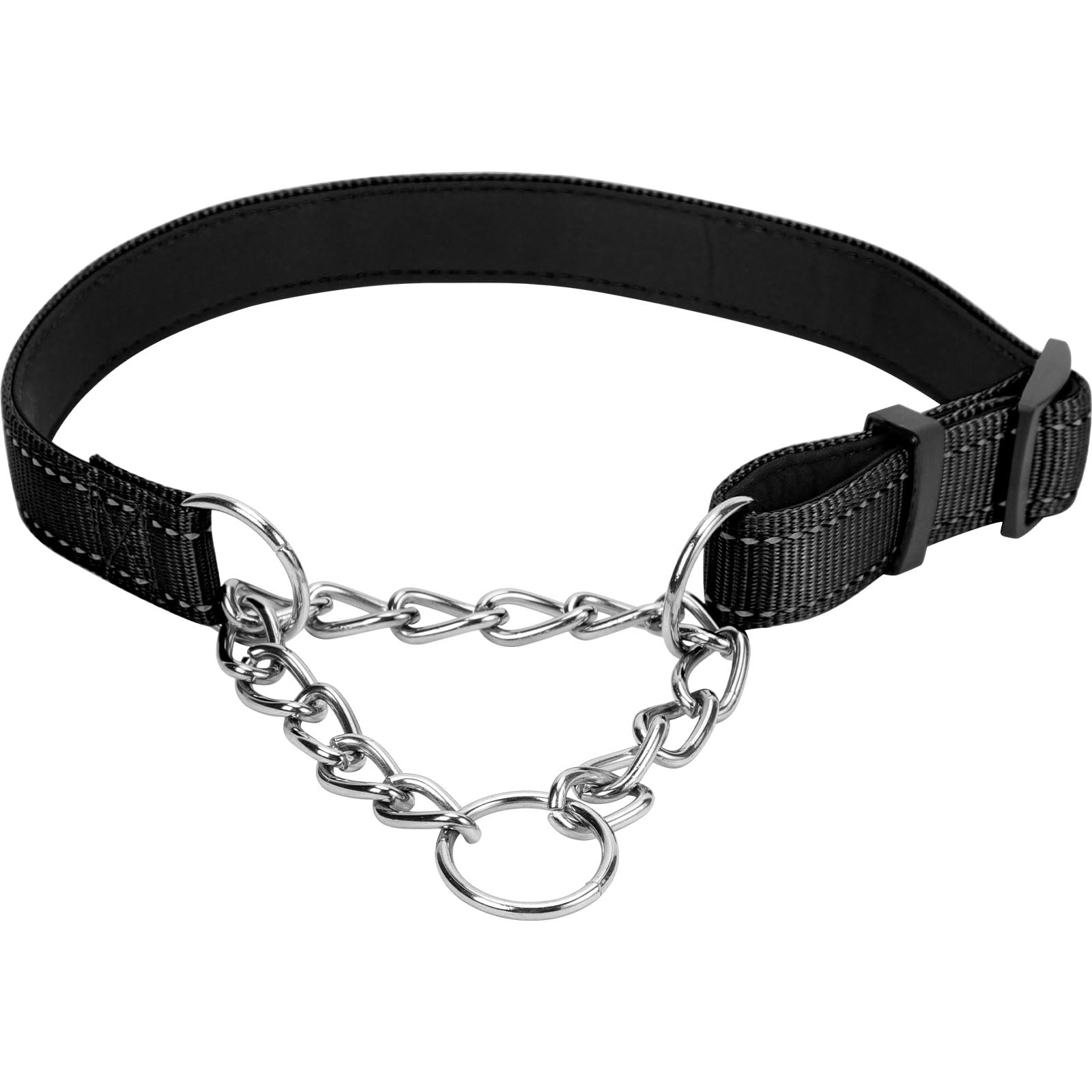 InfiniZer Reflective Dog Collar Reinforced Nylon Soft Padded Chain Anti-Pull Martingale Dog Collar For Large Medium Small Dogs (Black, XL)