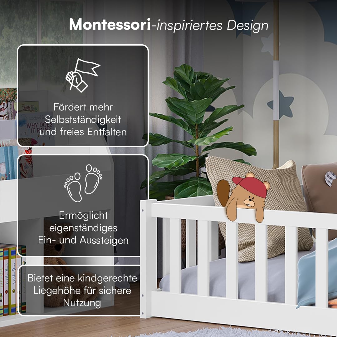 Bellabino Vere Bodenbett 140x200 cm – Montessori Kinderbett mit Rausfallschutz & Lattenrost – Massives Kiefernholz Bett Weiß