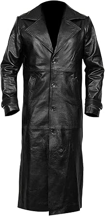 Real Leather Trench Coat - Leather Duster Overcoat Sheepskin Uniform Long Jacket for Men