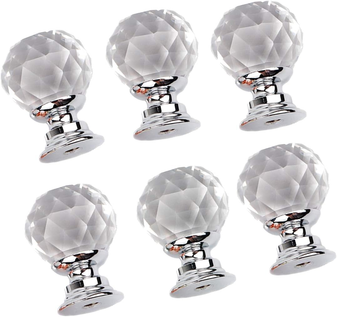 6Pack Glass Cabinet Knobs Round Crystal Glass Cupboard Wardrobe Cabinet Drawer Knob Door Pull Handle Cupboard and Drawer Cabinet Handle for Home，Wardrobe，Kitchen (Silver White)