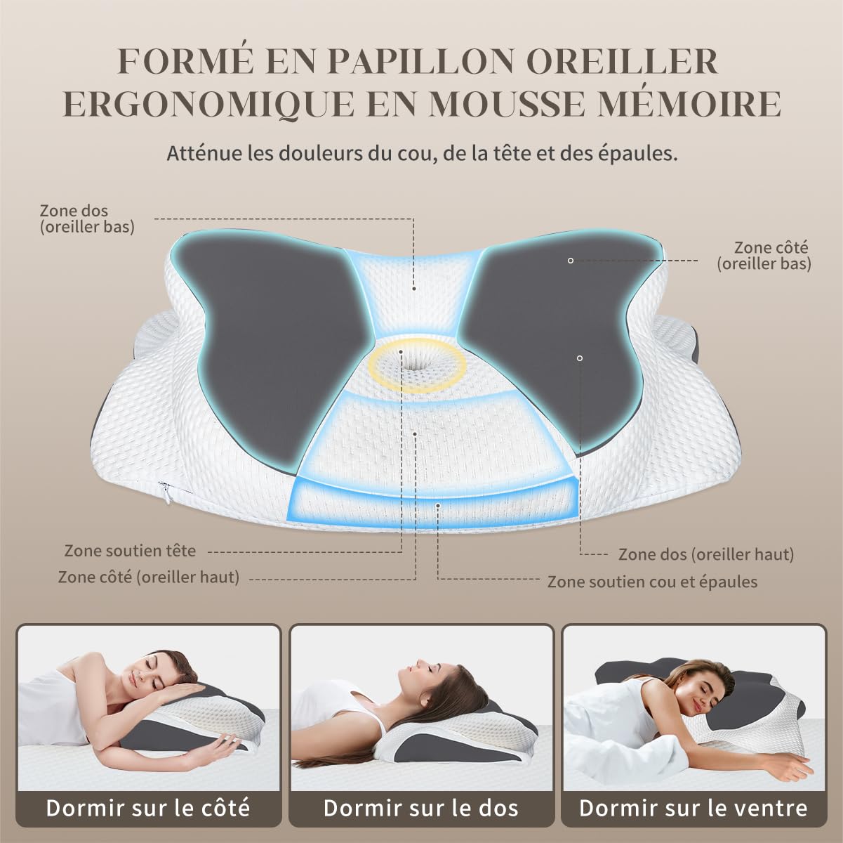 Oreiller Ergonomique Cervical,Oreiller Memoire Forme Papillon Rafraîchissant,Convient dormeurs côté, Dos, Ventre, Housse Amovible Lavable en Machine, Gris Clair