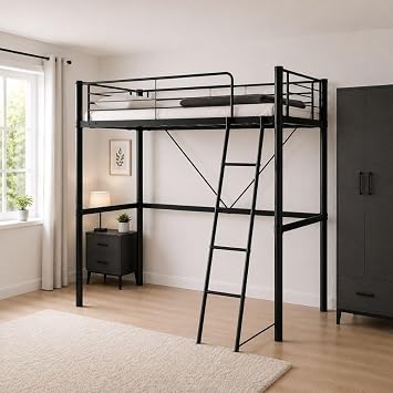 Reinforced Beds Newton High Sleeper Bed Frame, Heavy Duty Metal Loft Bed for Kids & Teens, 90 x 190 cm Single, Black, Reinforced Steel Frame, Reversible Ladder, 147cm Underbed Clearance, Space Saving