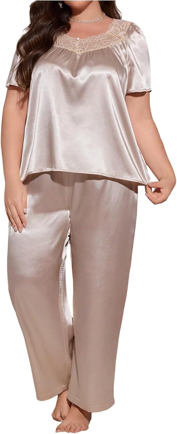 OYOANGLE Women's Plus Size Satin Pajama Set Contrast Lace Short Sleeve Top and Pants 2 Piece Loungewear