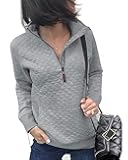 Womens Fashion Quarter Zip Stand Collar Sweatshirts Long Sleeve Plain Casual Ladies Pullovers Shirts Tops