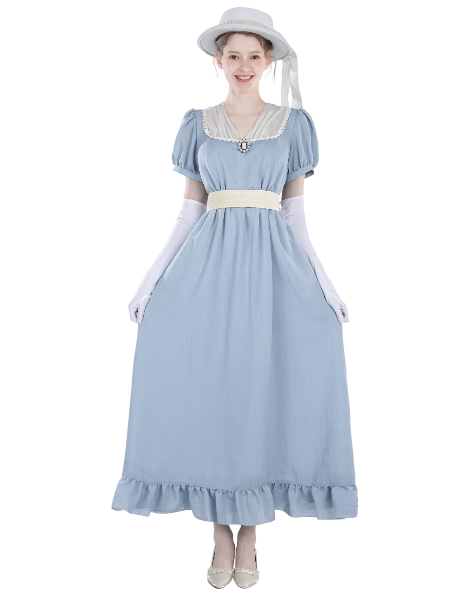 Regency Robe longue vintage pour femme avec manches bouffantes - Style empire - Robe d'été avec ceinture et broche de poitrine - Robe de bal cosplay avec gants