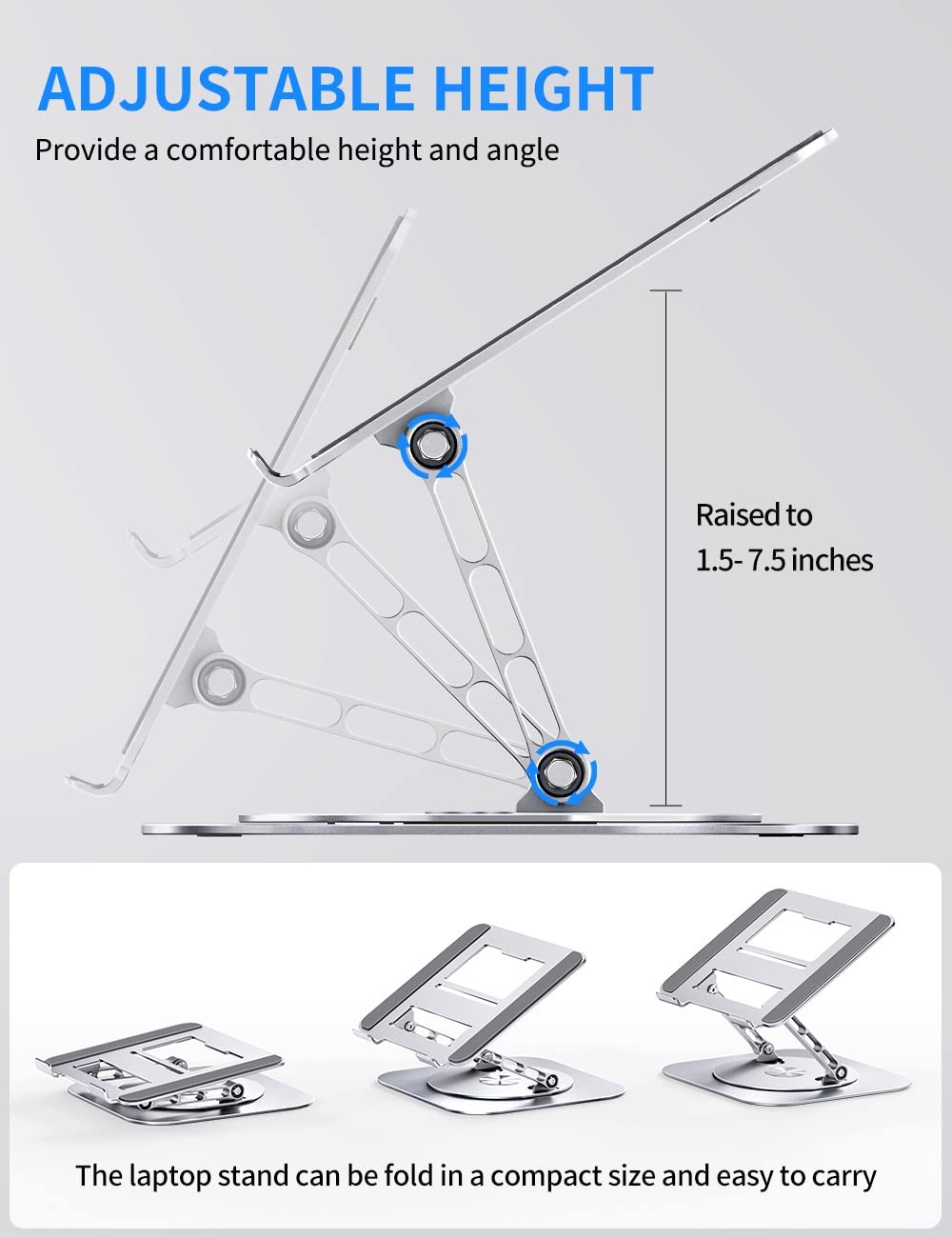 Adjustable Computer Stand with 360 Rotating Base, Ergonimic Foldable Laptop Riser for Desk Compatible with MacBook Pro/Air Notebook up to 16 Inches, Silver 32 61RoJWRMduL. SL1300