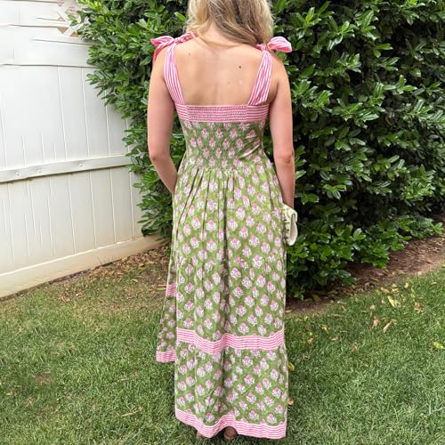 Image of Women Y2k Boho Maxi Dress Tie Shoulder Backless Strappy Tiered Flowy Dress 2024 Summer Floral Beach Sundress