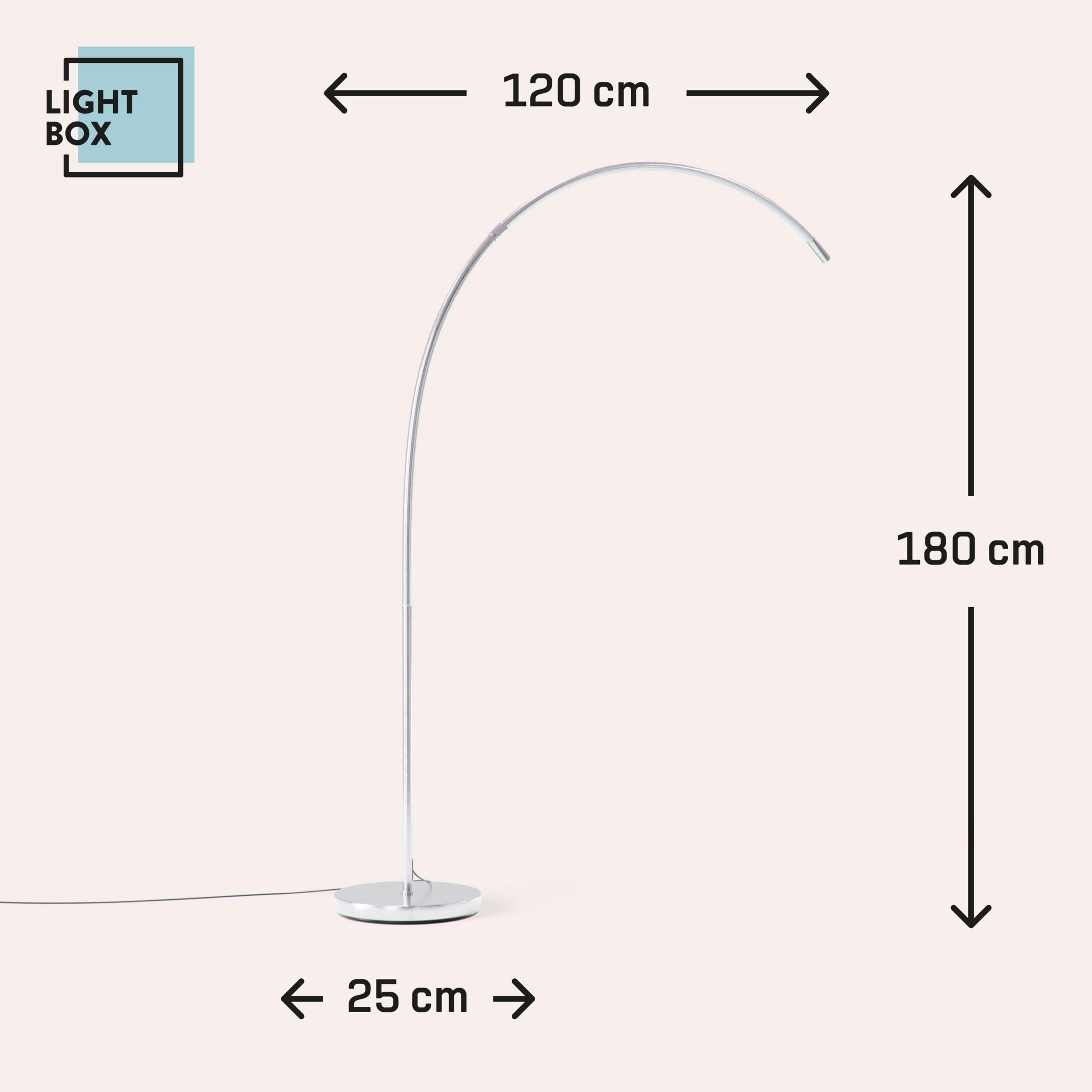 Lightbox LED Bogenstehlampe | 1,7 m Höhe | Stehleuchte mit Kopf-Schalter, dimmbar (CCT) | LED Lampe (1440lm, 18W) | Standleuchte auch als Schlafzimmer, Büro und Flur Lampe | aus Metall in Silberfarben