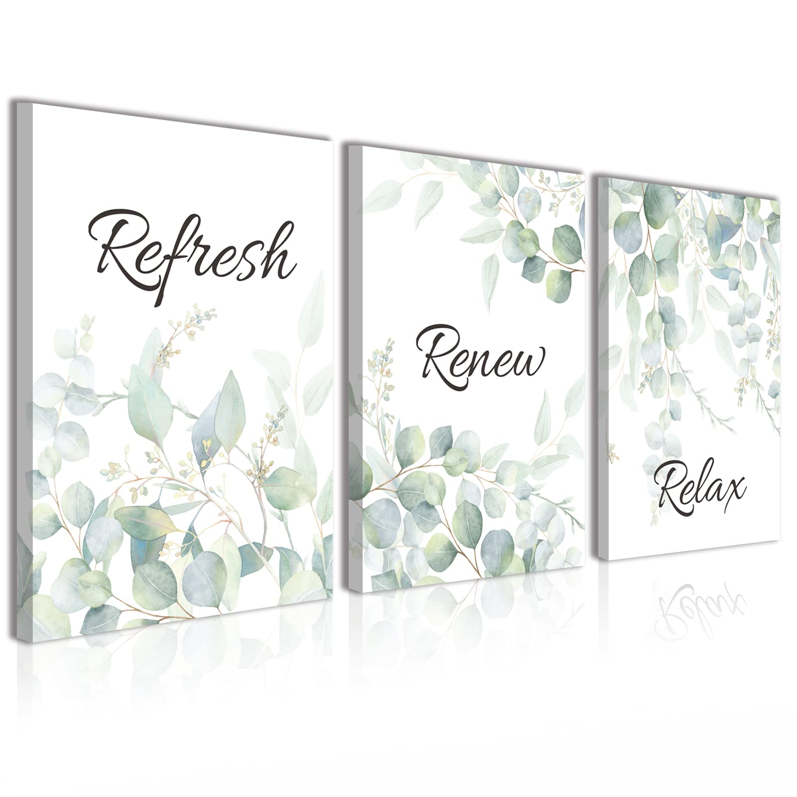 Anyzal Framed Green Bathroom Decor 16”X24” Botanical Neutral Wall Art, Eucalyptus Leaf Wall Decor Set of 3 Plant Pictures Light Green Decor for Bathroom, Relax Refresh Renew Signs