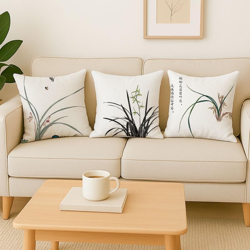 Chinese Orchid-Inspired Pillow Covers: Digitally Printed on Linen, Equipped with Invisible Zippers, (24 * 32inch,LHY-C)