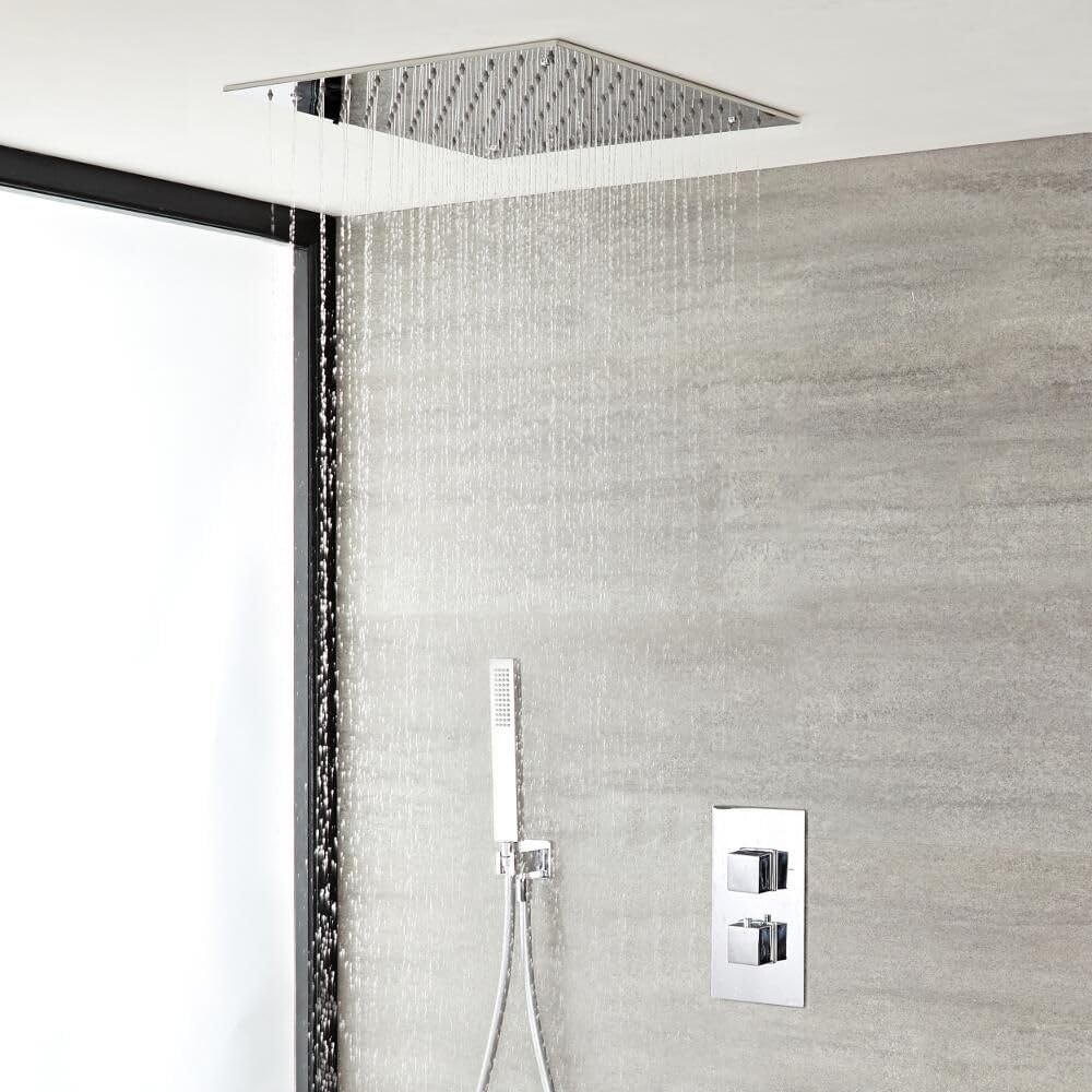 Mice - Conjunto ducha empotrada techo TERMOSTATICO - Rociador extraplano es de techo, cuadrado de 40 cm x 40 cm de lado incluye el premarco - Griferia de baño efecto lluvia color cromo