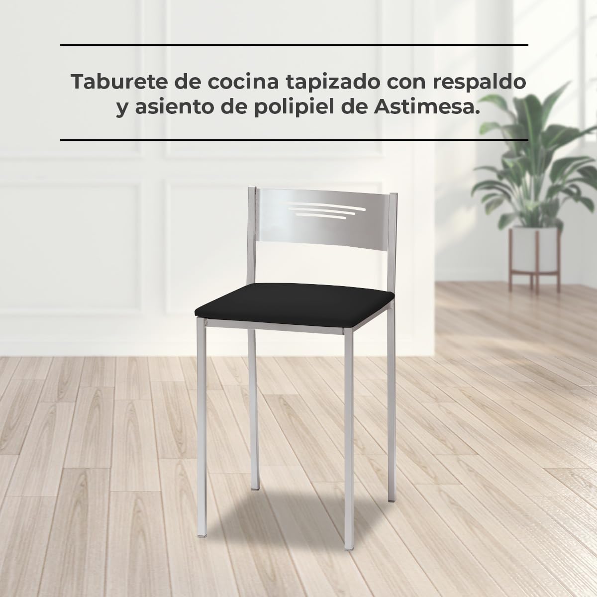 ASTIMESA Dos Taburetes de Cocina con Respaldo Polipiel Negro, Altura de Asiento 45 cms (TABCRNE)